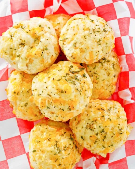 Copycat homemade Red Lobster Cheddar Bay Biscuits in a basket.