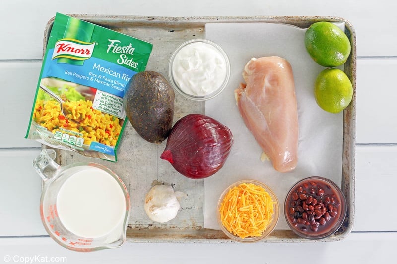 Taco Bell power bowl ingredients on a baking sheet