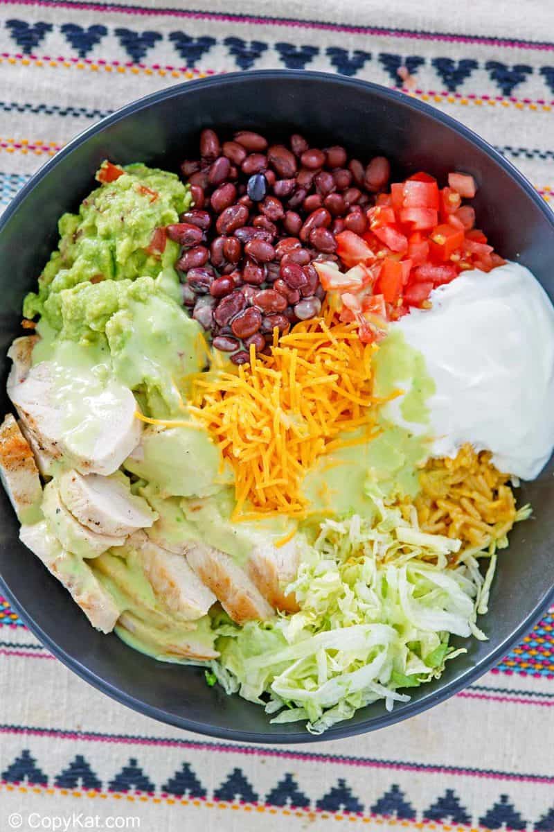 overhead view of homemade Taco Bell power bowl with chicken