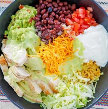overhead view of homemade Taco Bell power bowl with chicken