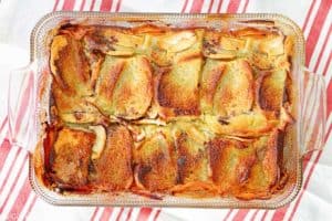 overhead view of baked apple bread pudding.