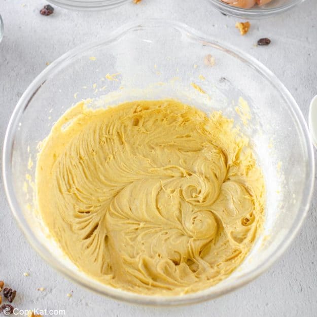 spice cake batter in a mixing bowl.