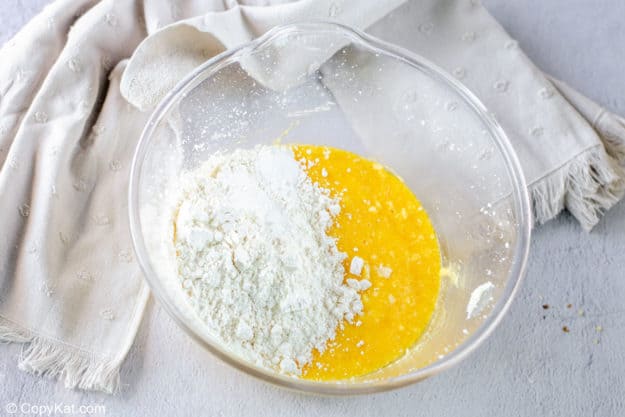 cake wet and dry ingredients in a mixing bowl.