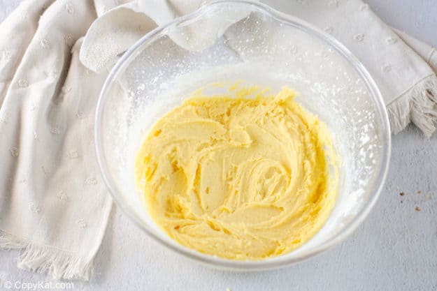 cake batter in a mixing bowl.