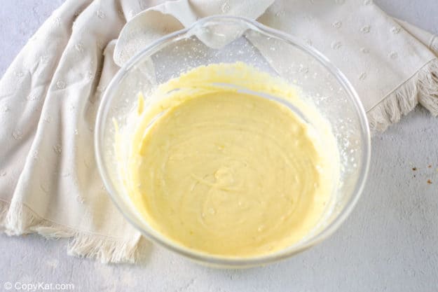 banana cake batter in a mixing bowl.