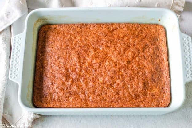 banana cake in a baking dish.