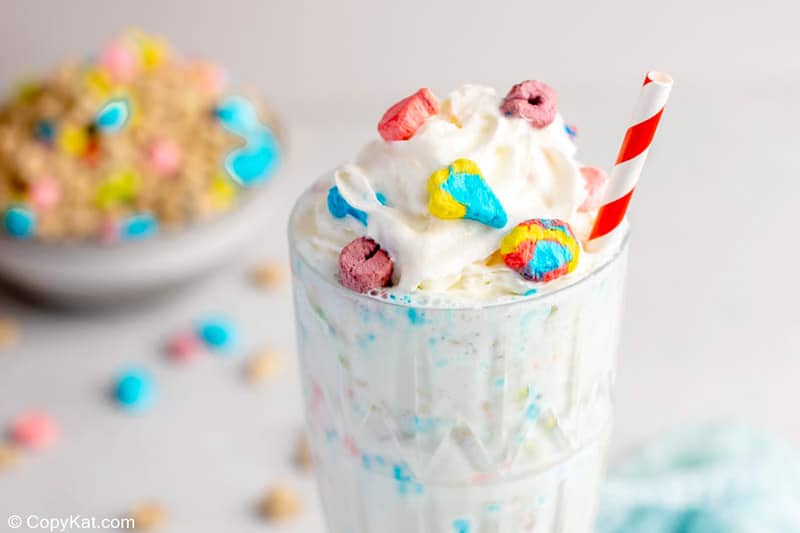 homemade Burger King Lucky Charms milkshake and a bowl of Lucky Charms cereal.