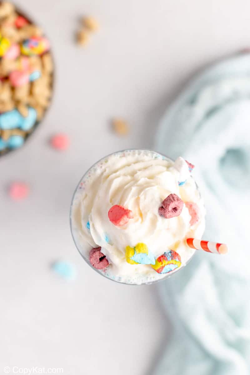 overhead view of a homemade Burger King Lucky Charms milkshake.