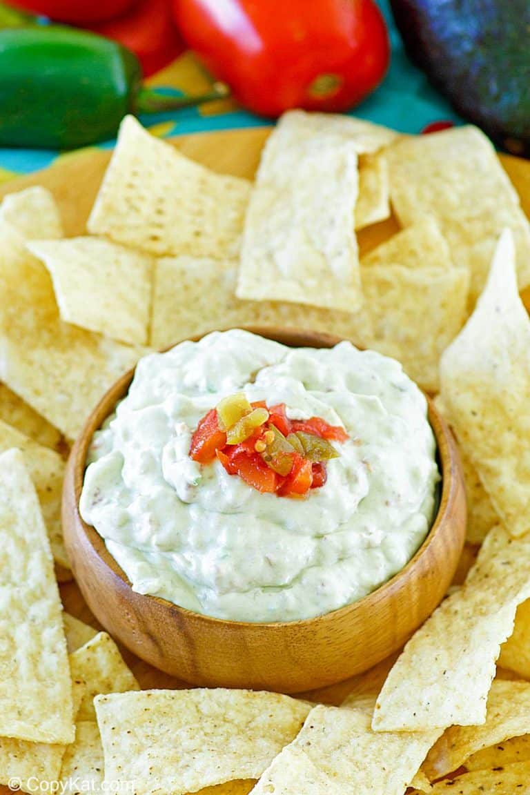 homemade Casa Ole creamy Mexican green sauce and tortilla chips.