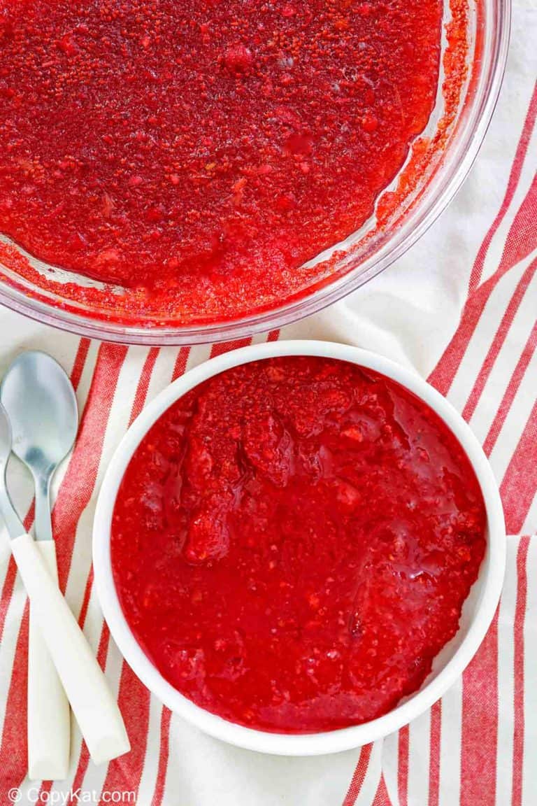 overhead view of cranberry Jello salad in two bowls.