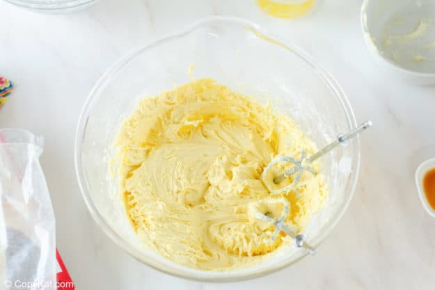 gooey butter cake batter in a mixing bowl.
