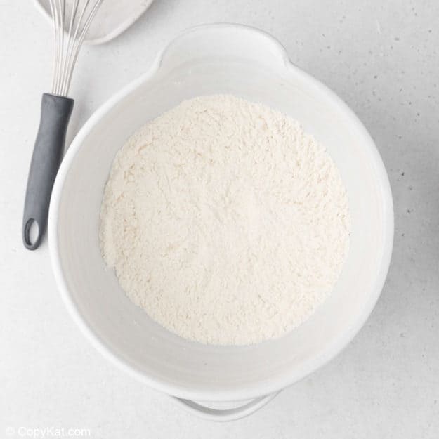 pancake dry ingredients combined in a mixing bowl.
