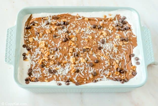 Mississippi mud cake topped with chocolate chips, nuts, and coconut.