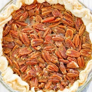 overhead view of a homemade Karo pecan pie.