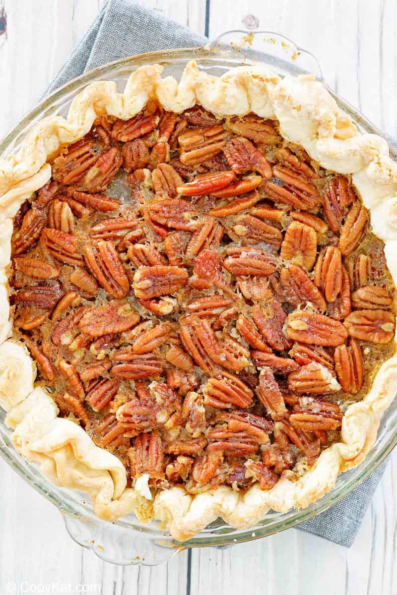 overhead view of a homemade Karo pecan pie.