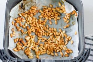 air fried pumpkin seeds in an air fryer basket.