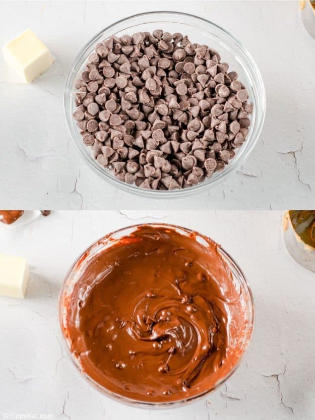 bowl of chocolate chips and bowl of melted chocolate chips.