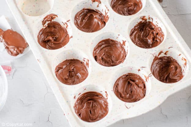 chocolate mixture in a muffin pan.