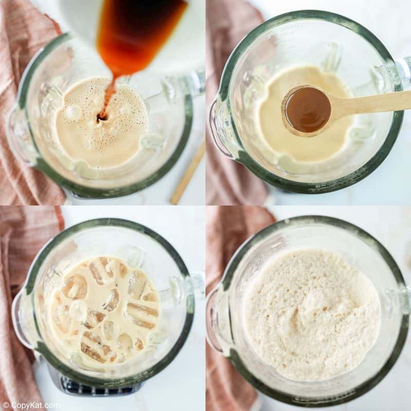 collage of Starbucks caramel frappuccino recipe steps 1 to 4.