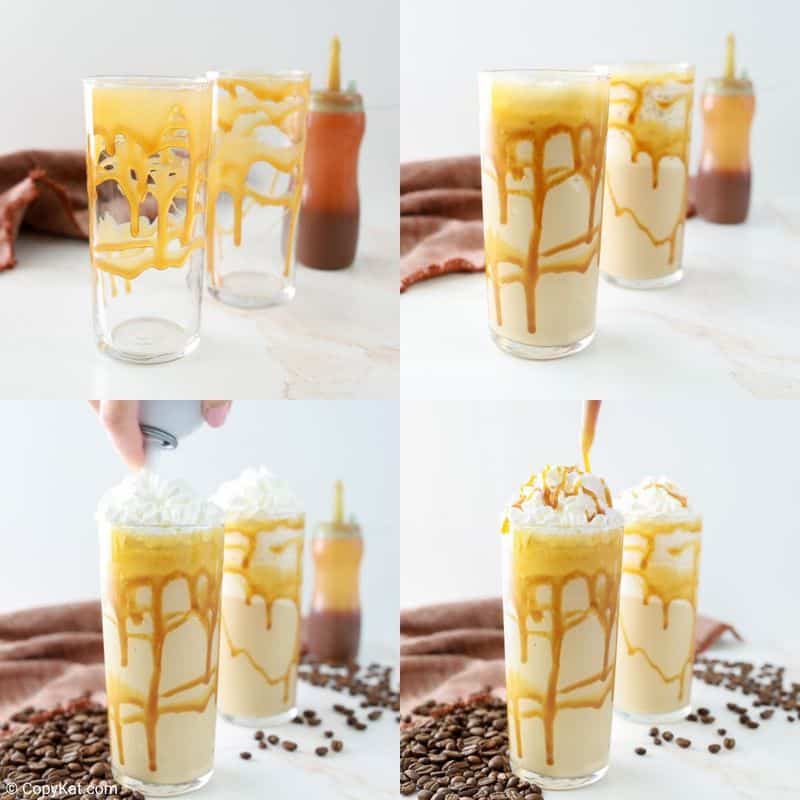 collage of Starbucks caramel frappuccino recipe steps 5 to 8