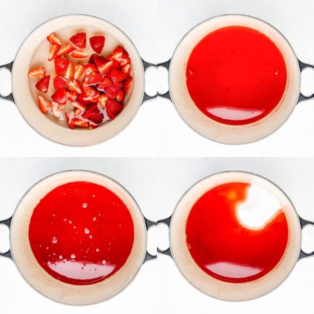 photo collage of steps to make strawberry syrup.