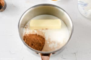butter, buttermilk, and cocoa powder in a saucepan.