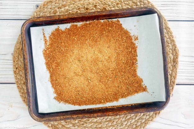 toasted buttered bread crumbs on a baking sheet.