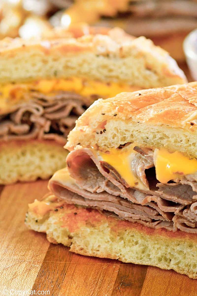 closeup of a homemade Arby's beef and cheddar sandwich.