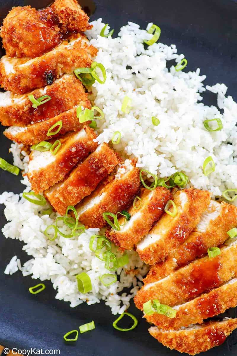 sliced chicken katsu with tonkatsu sauce and rice on a platter.