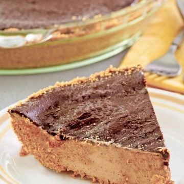 slice of chocolate peanut butter pie in front of the pie.