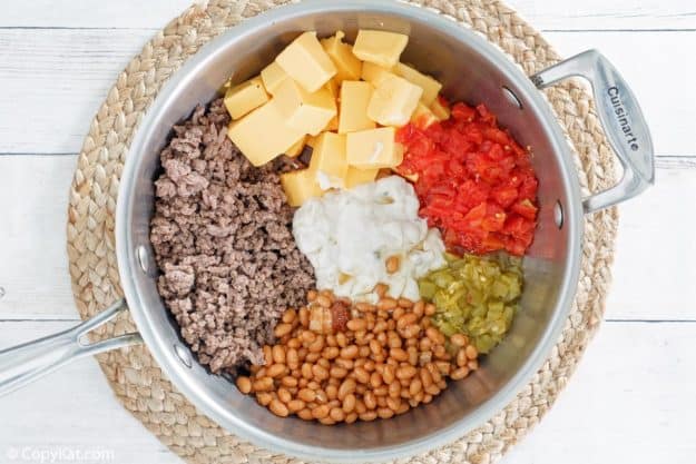 hamburger dip ingredients in a saucepan.