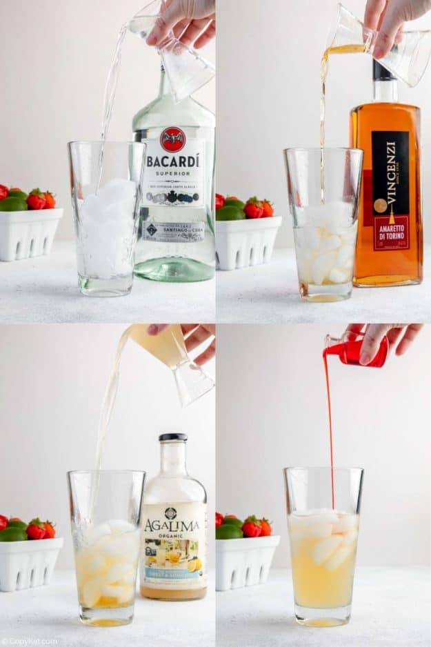 collage of pouring rum, amaretto, sour mix, and strawberry-passion fruit syrup into a shaker with ice.