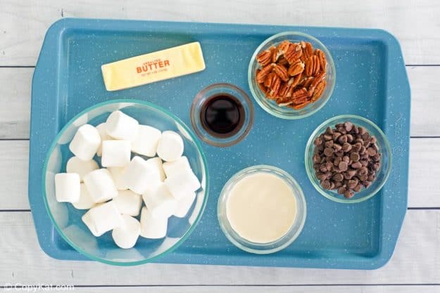 See's fudge ingredients on a tray.