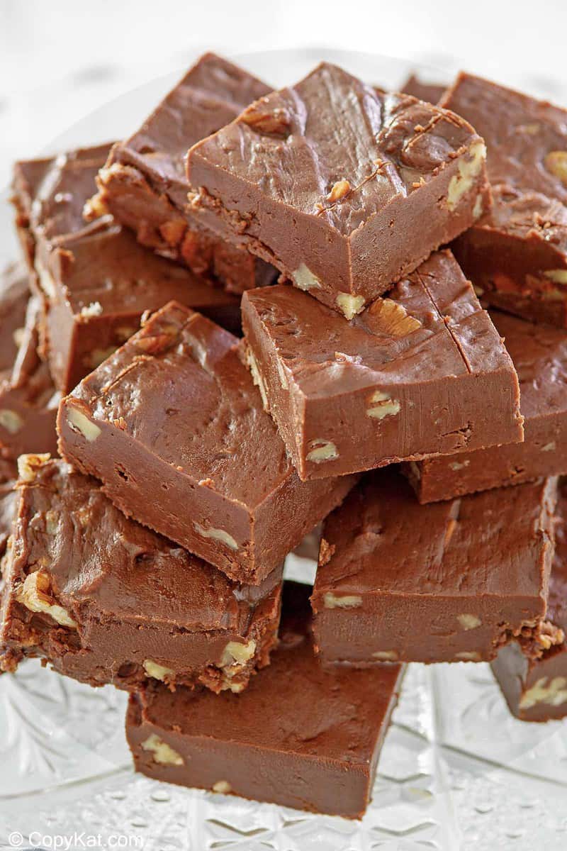 homemade See's chocolate fudge with nuts.