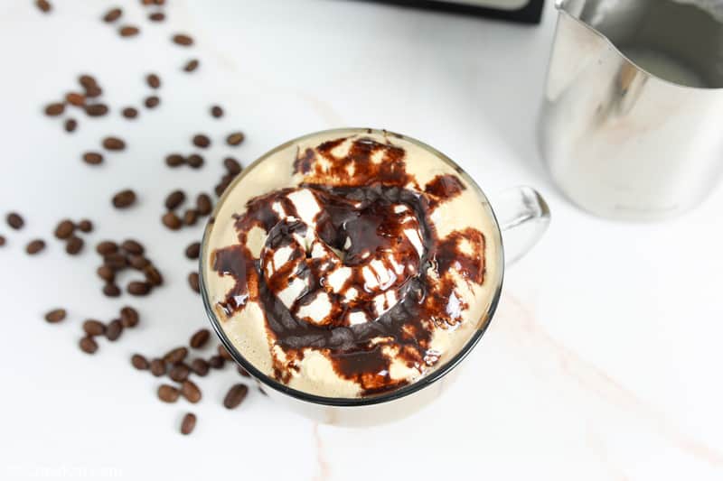 overhead view of a homemade Starbucks cafe mocha coffee drink.