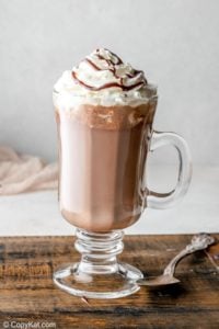 homemade Starbucks hot chocolate topped with whipped cream and chocolate syrup.