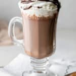 homemade Starbucks hot chocolate with whipped cream and chocolate syrup on top.