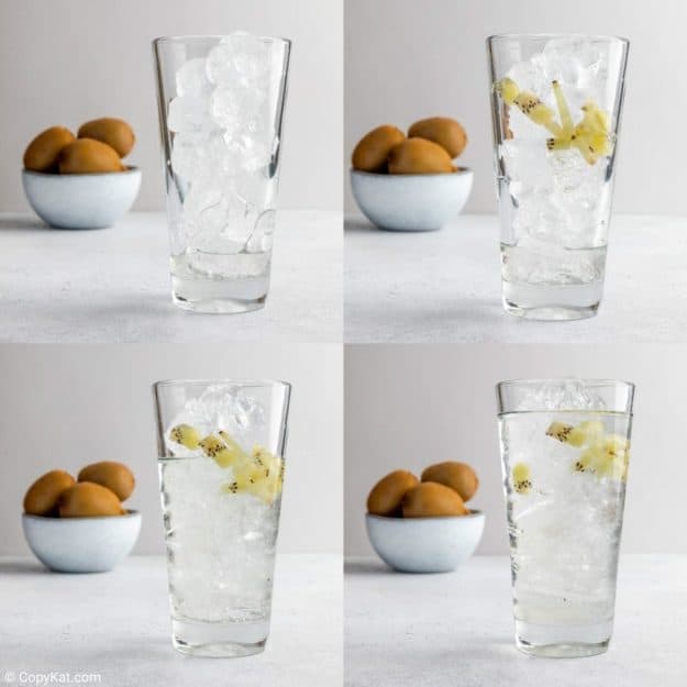 collage of recipe steps for Starbucks kiwi starfruit refresher drink.