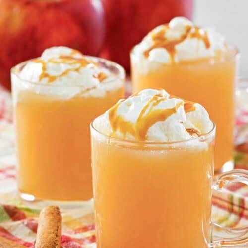 Hot cinnamon apple cider drink in glass mugs.