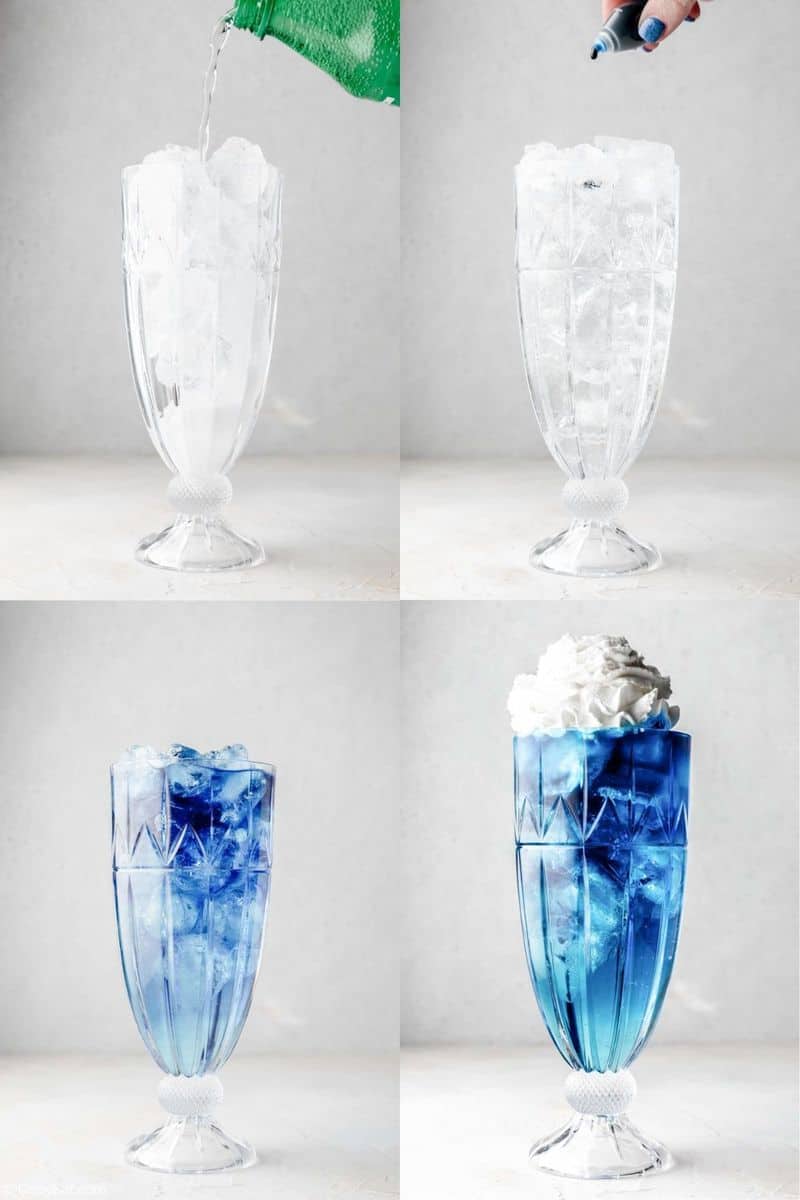 collage of blue smurf punch drink recipe steps.