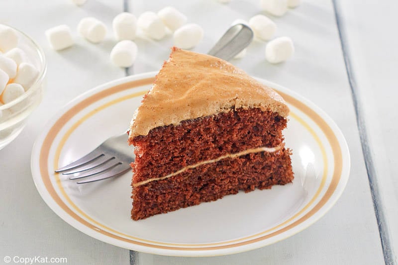 a slice of chocolate cake with brown sugar boiled frosting.