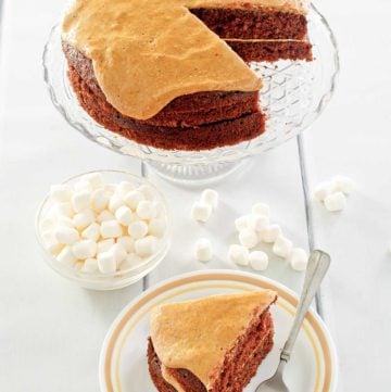 brown sugar boiled frosting on a cake and marshmallows.