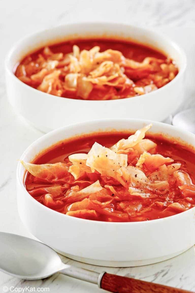 two bowls of homemade cabbage soup.