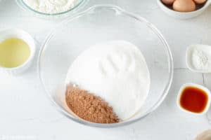 sugar and cocoa powder in a mixing bowl.