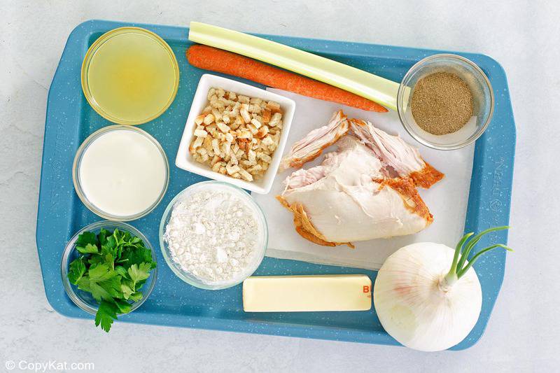 creamy turkey soup ingredients on a tray.