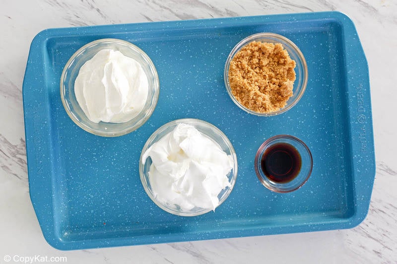 fruit dip ingredients on a tray.