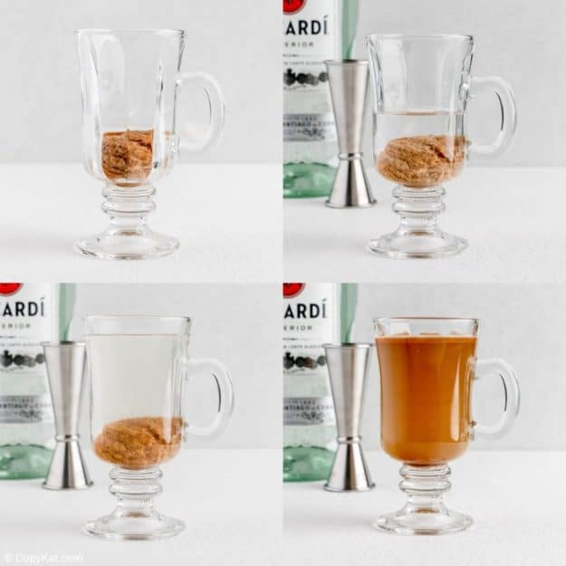 photo collage of hot buttered rum drink recipe steps.