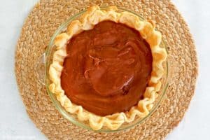 chocolate pudding layer in a baked pie shell for a black bottom pie.