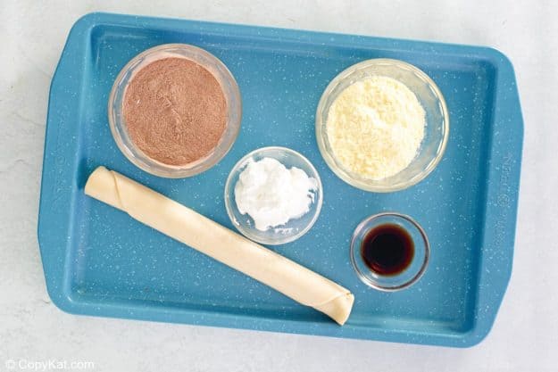 Marie Callender's black bottom pie ingredients on a tray.