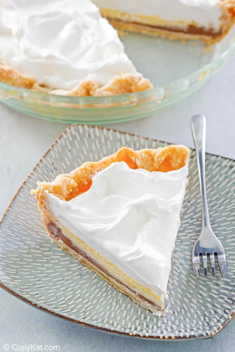 black bottom pie slice and a fork on a plate.